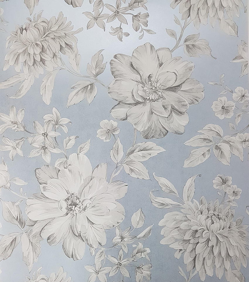 Blue Floral White Grey Flowers Pearlescent Metallic Crown Lucia 5010213016984, Metallic Floral HD phone wallpaper