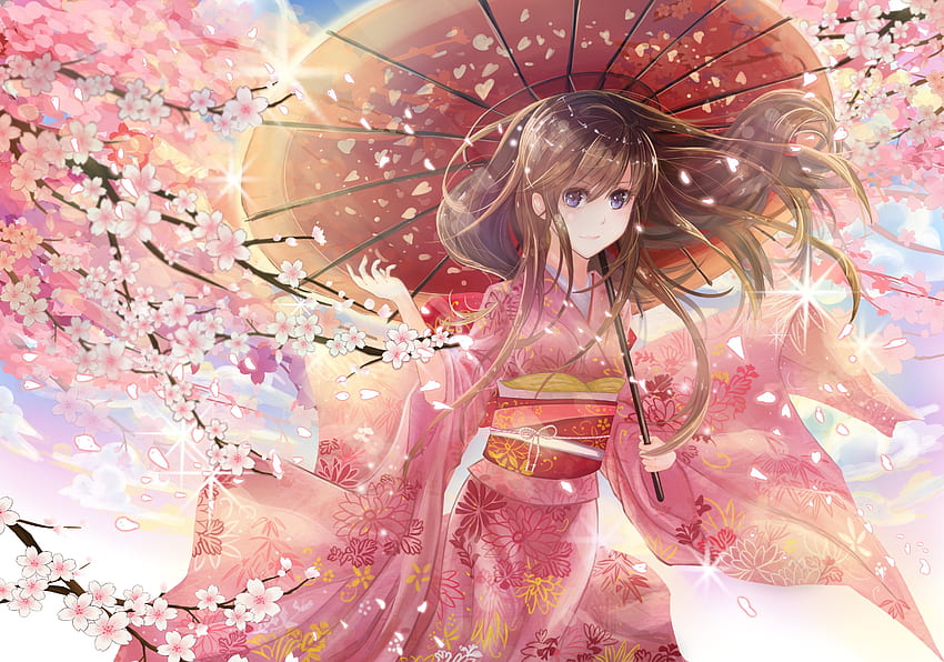 payung, Kimono, Karakter Asli, Merah Muda, Bunga Sakura, Pakaian Jepang / dan Latar Belakang Seluler, Anime Sakura Jepang Wallpaper HD
