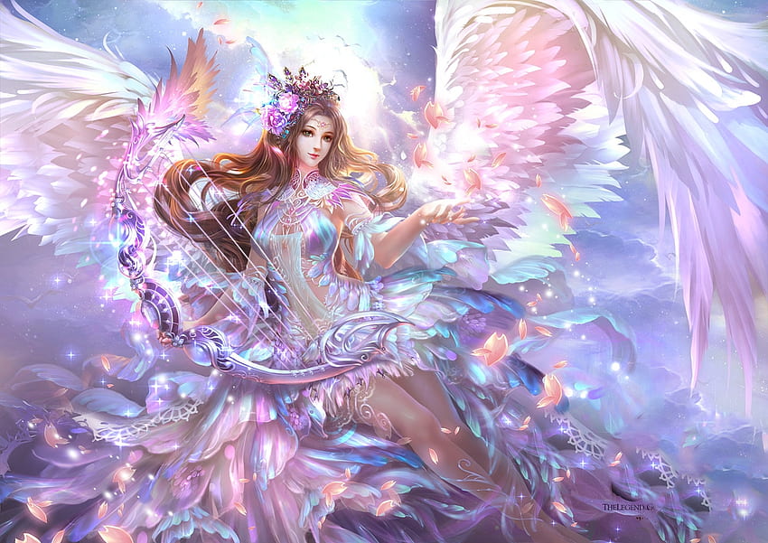 The Sound of the Harp, pastel, wings, art, , angel, pink, digital, pretty, cg, fantasy HD wallpaper