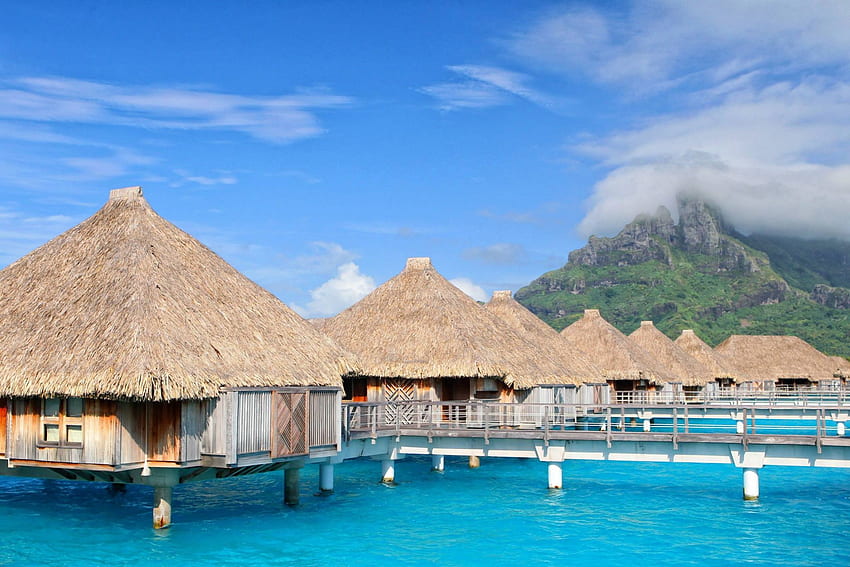 Bora Bora Tahiti yang indah, pulau, biru, pasir, tropis, tahiti, pantai, Bungalow, air, pulau, samudra, laut, vila, pasifik, eksotis, surga, selatan, laguna, atol, bora bora, polinesia Wallpaper HD