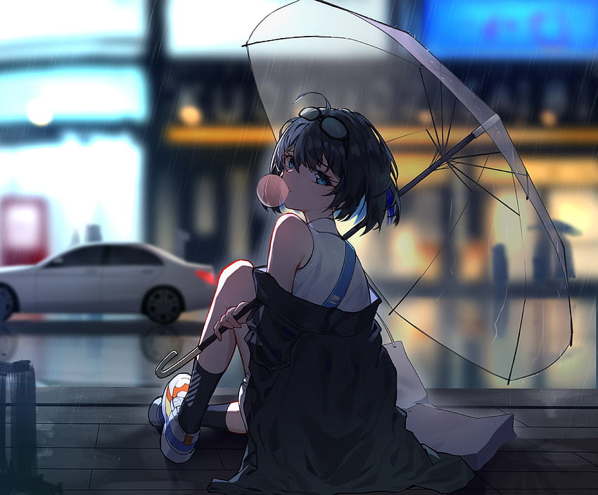 雨を楽しむ、アニメの女の子 高画質の壁紙