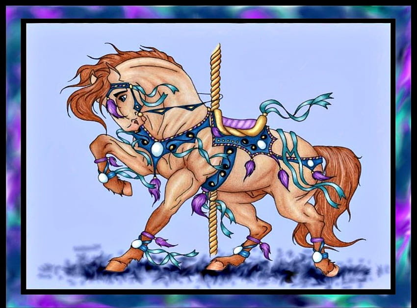 ALONSOS TARAFINDAN CAROUSEL HORSE, mavi, atlar, çerçeveli, hayvanlar, çizimler, yaratık, nostaljik, atlıkarınca HD duvar kağıdı