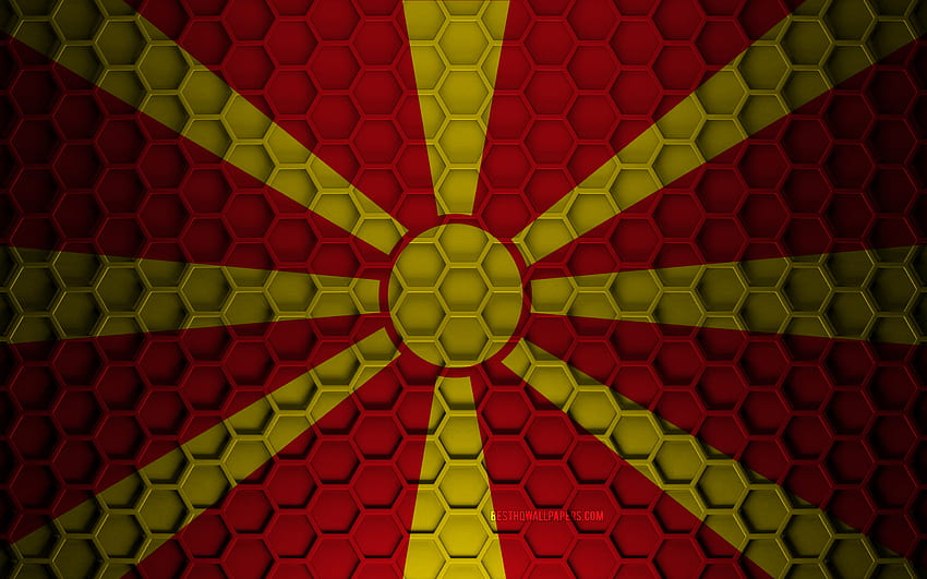 North Macedonia flag, 3d hexagons texture, North Macedonia, 3d texture, North Macedonia 3d flag, metal texture, flag of North Macedonia HD wallpaper
