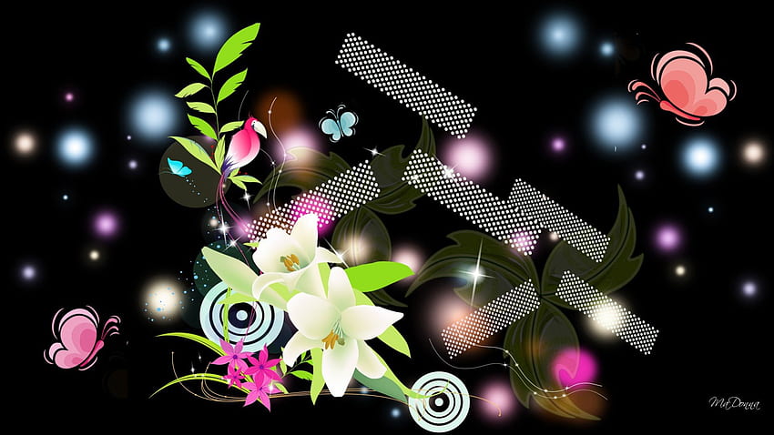 Красива абстракция, птица, сияние, папийон, пеперуди, листа, абстрактно, светлина, цветя, цветя, лилии HD тапет