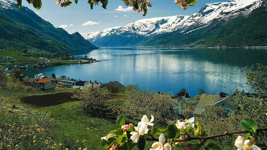 desa yang indah di danau yang indah, pantai, salju, gunung, danau, desa Wallpaper HD