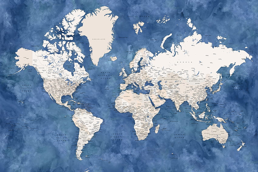 Mavi ve bej sulu boya detaylı dünya haritası haritası Duvarınız için tüm şehirlerin ve ülkelerin haritaları HD duvar kağıdı