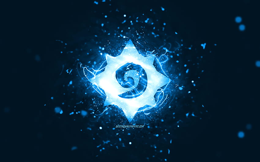 Hearthstone blue logo, , luzes de neon azuis, criativo, fundo abstrato azul, Hearthstone logo, jogos online, Hearthstone papel de parede HD