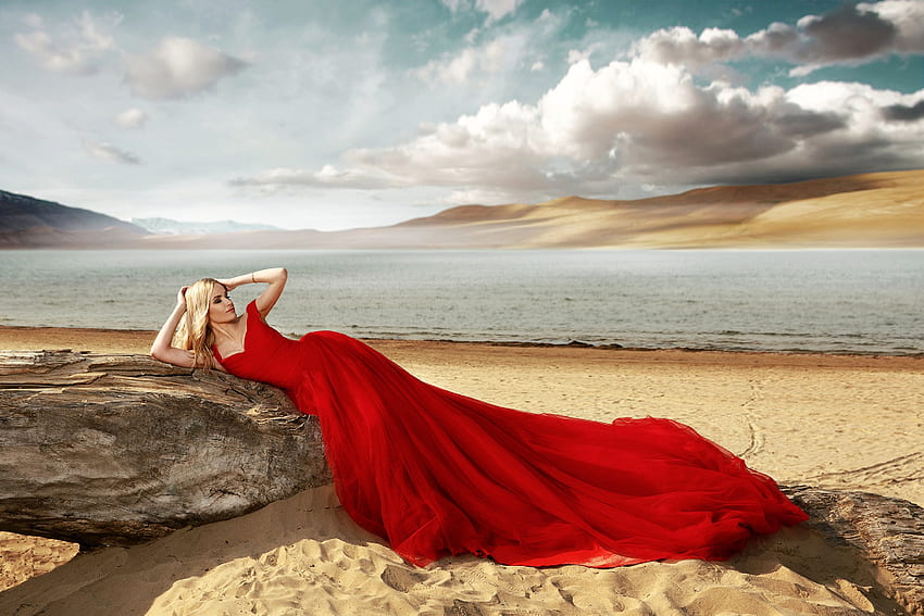 On the Beach in her Red Gown, model, dress, blonde, beach HD wallpaper
