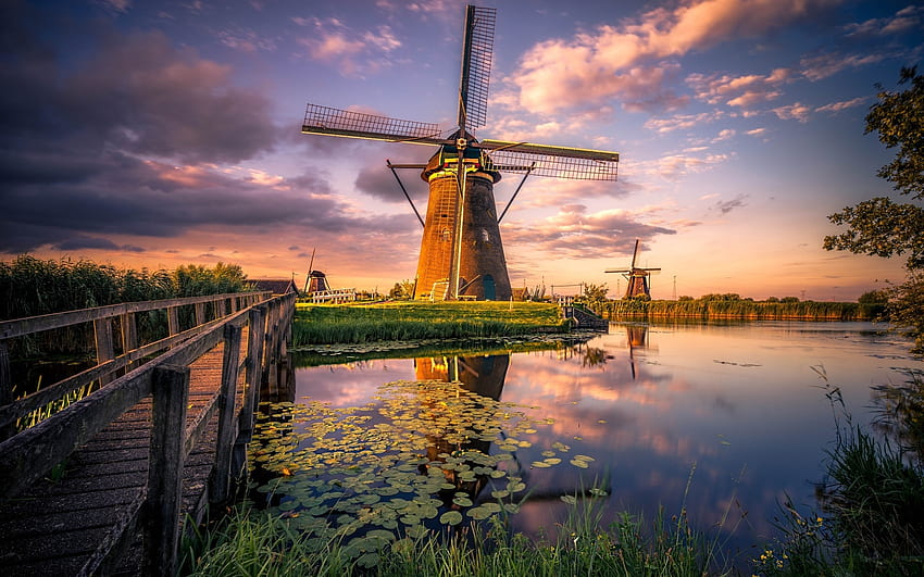 Windmills in Netherlands, bridge, water, Netherlands, windmills HD wallpaper