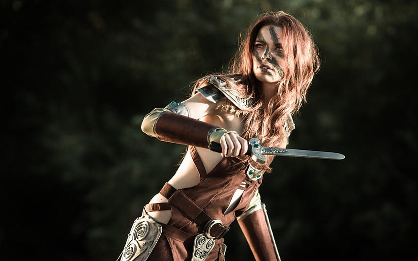 women, cosplay, redheads, models, freckles, warriors, The Elder Scrolls, dragonborn, dagger, Aela the Huntress HD wallpaper