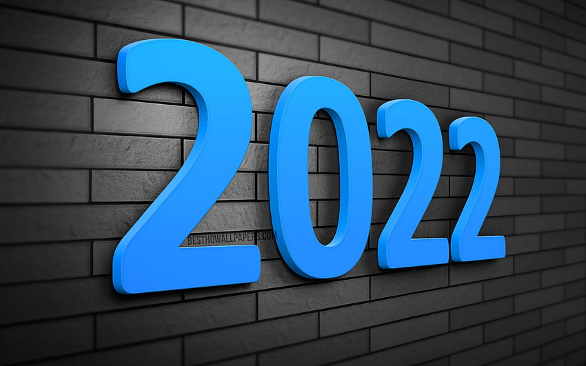 2022 青い 3 D 数字、灰色ブリックウォール、2022 ビジネス コンセプト、2022 年新年、明けましておめでとうございます 2022、クリエイティブ、灰色の背景に 2022、2022 概念、2022 年の数字 高画質の壁紙