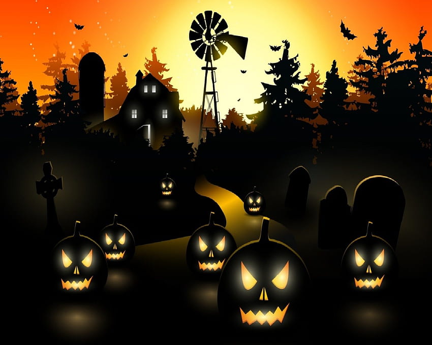 Jack o' lanterns, Jack o lanterns, Çiftlik, Yel Değirmeni, Cadılar Bayramı, Gece HD duvar kağıdı