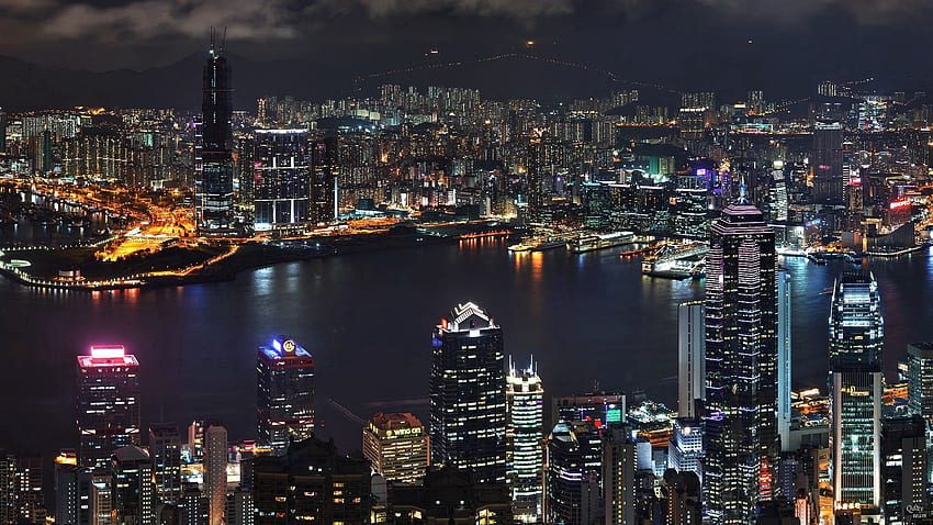 Städte, Flüsse, Nacht, Asien, Blick von oben, Lichter der Stadt, Wolkenkratzer HD-Hintergrundbild