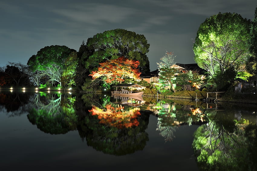 Japón, casa, naturaleza, árboles, reflexión, orilla, banco, brillo, luz, tarde, barco fondo de pantalla