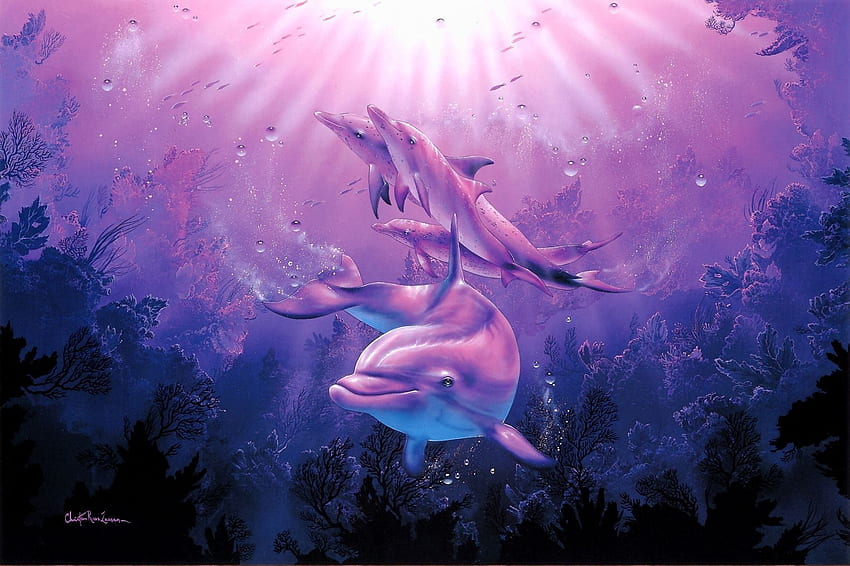 Christian Riese Lassen golfinhos, corais do mar profundo, arte, golfinhos, Baby Pink Dolphin papel de parede HD