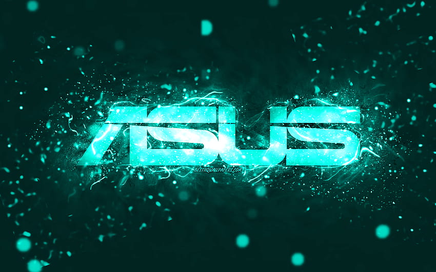 Тюркоазено лого на Asus, , тюркоазени неонови светлини, творчески, тюркоазен абстрактен фон, лого на Asus, марки, Asus HD тапет