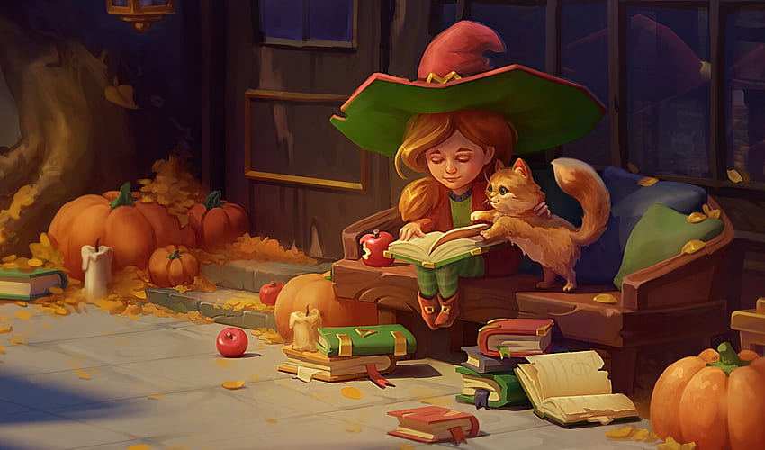 Halloween tales, art, pisici, girl, daria silbern, cat, witch, orange, halloween, book, fantasy, pumpkin HD wallpaper