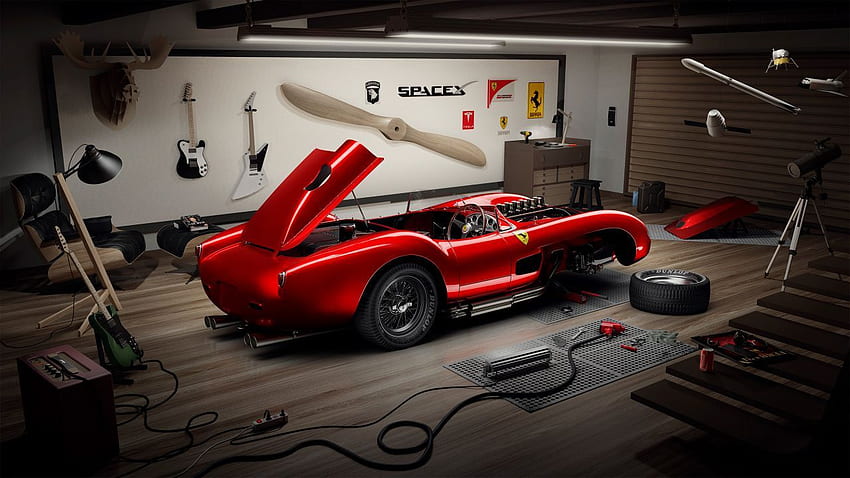 Ferrari 250 Testa Rossa, Garage, Guitars, SpaceX HD wallpaper
