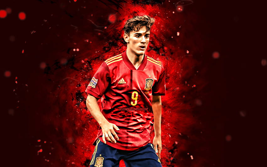 Gavi, 2021, İspanya Milli Takımı, futbol, ​​futbolcular, Pablo Martin Paez Gavira, kırmızı neon ışıklar, İspanyol futbol takımı, Gavi HD duvar kağıdı