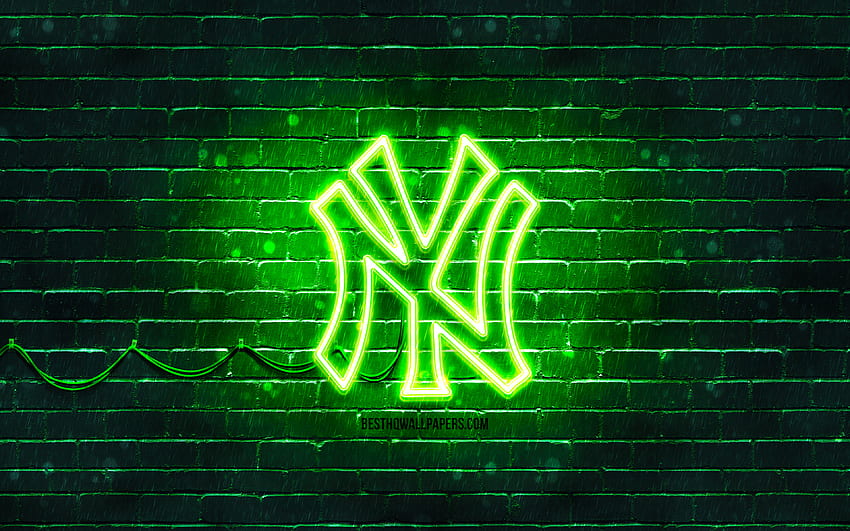 New York Yankees green logo, , green brickwall, New York Yankees logo, american baseball team, New York Yankees neon logo, NY Yankees, New York Yankees HD wallpaper