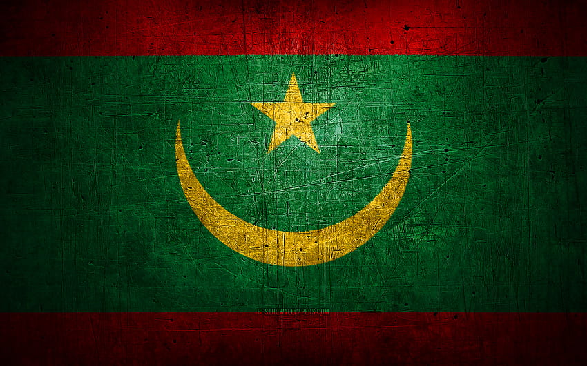 Bendera logam Mauritania, seni grunge, negara-negara Afrika, Hari Mauritania, simbol nasional, bendera Mauritania, bendera logam, Bendera Mauritania, Afrika, Mauritania Wallpaper HD
