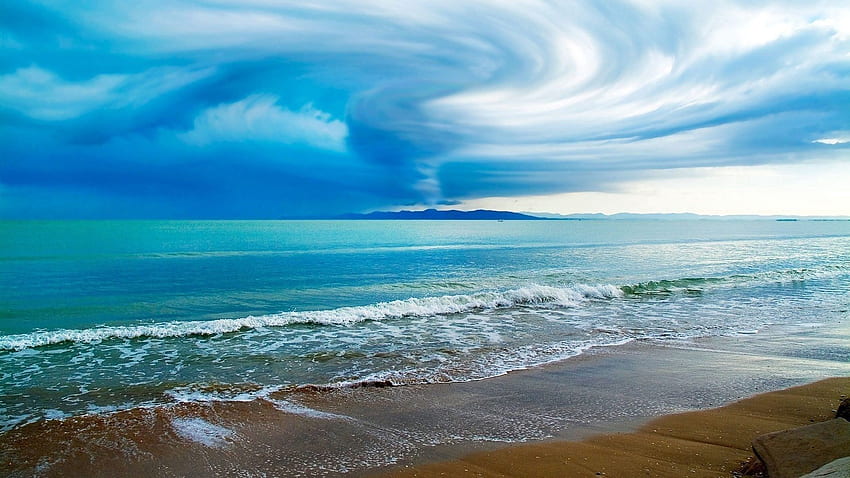Natur, Himmel, Wolken, Wellen, Strand, Sand, Ufer, Ufer, Küste, Meer, Trichter, Taifun HD-Hintergrundbild