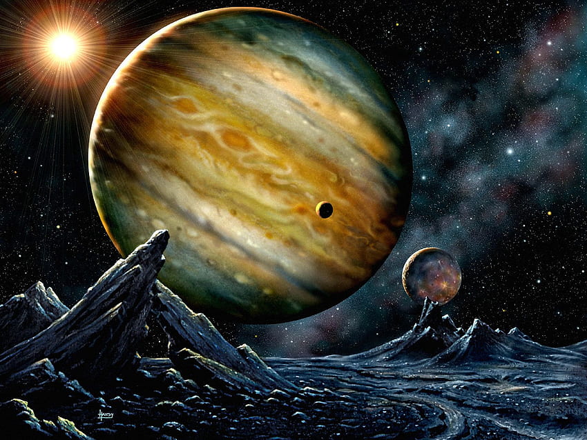 espaço sideral, estrelas, lua, rochas, nebulosas, Júpiter, ficção científica, Europa, luas papel de parede HD