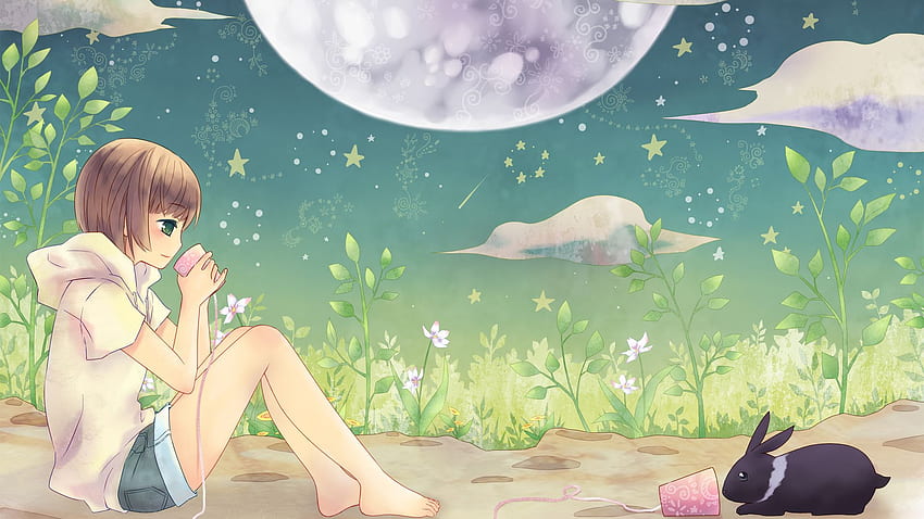 เพื่อน สาว อะนิเมะ ฤดูร้อน ดวงดาว กลางคืน ดวงจันทร์ วอลล์เปเปอร์ HD