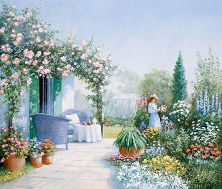 花を摘む、テーブル、籐の椅子、植物、温室、女性、芝生、パティオ、絵画、ドア、木、花、トレリス、鉢 高画質の壁紙