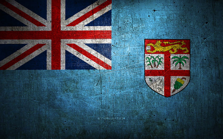Fiji metal flag, grunge art, oceanian countries, Day of Fiji, national symbols, Fiji flag, metal flags, Flag of Fiji, Oceania, Fiji HD wallpaper