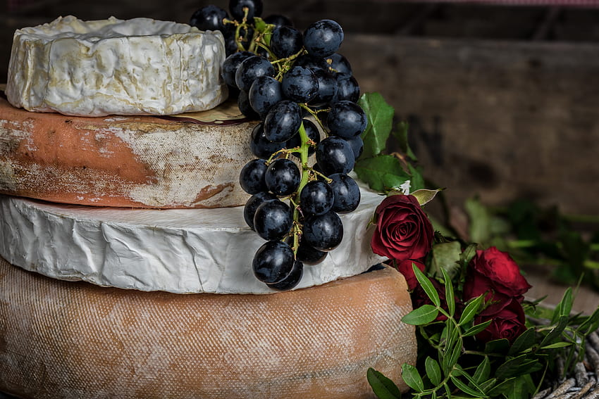 食品, チーズ, ブドウ, バラの花, ローズ 高画質の壁紙