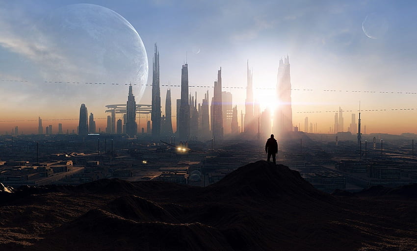 Cidade de ficção científica, paisagem urbana futurista papel de parede HD