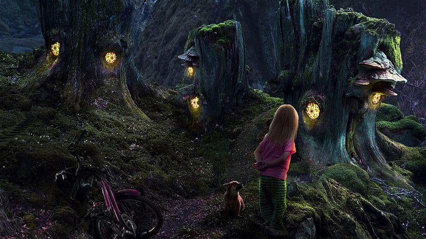 Zwiedzanie hobbitów, noc, pies, światło, natura, dziewczyna, drzewo Tapeta HD