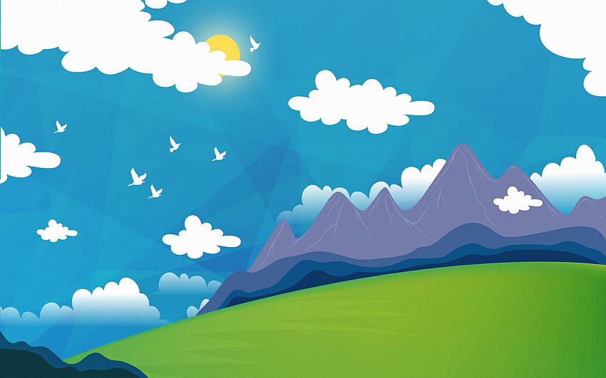 Pemandangan musim panas kartun, pemandangan gunung karton, pegunungan, awan putih, langit biru, padang rumput hijau dengan resolusi . Kualitas tinggi Wallpaper HD