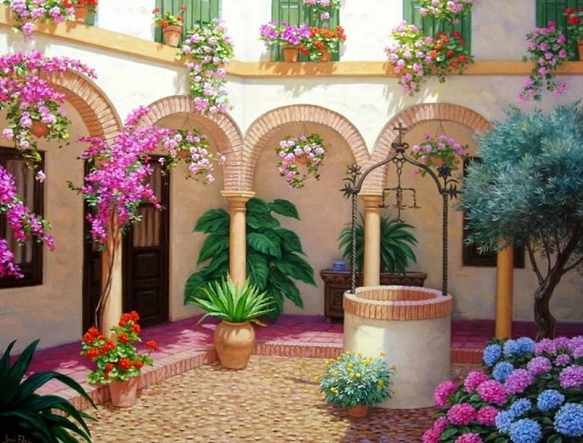 Klasztorny dziedziniec, kolorowy, kolor, okna, dom, ogród, piękny, fontanna, klasztor, kwiaty Tapeta HD