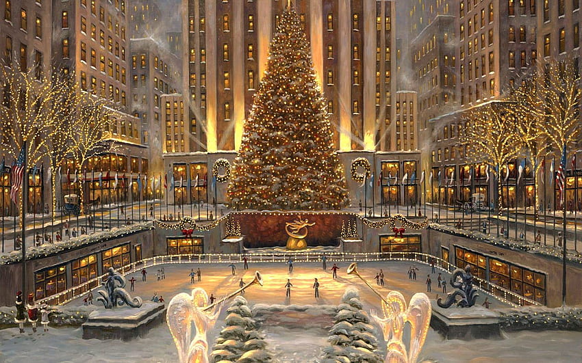 Natale di New York, albero di Natale di New York Times Square Sfondo HD