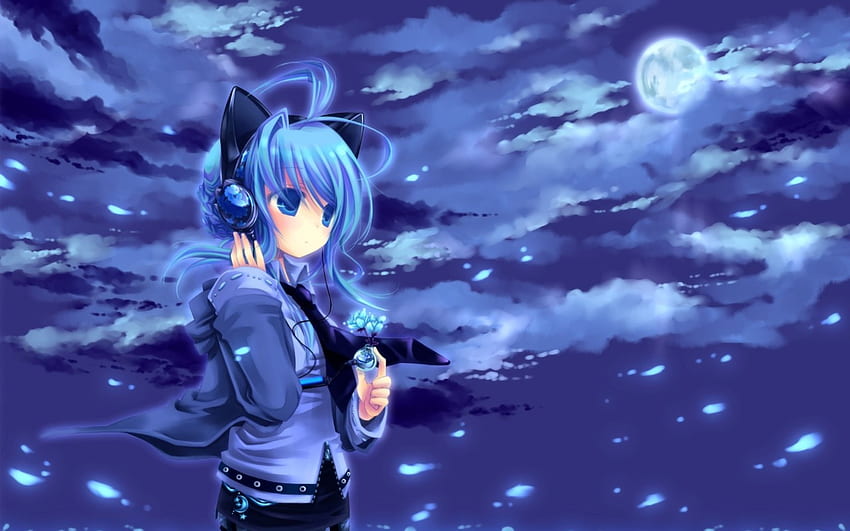 Anime Girl, Moon, Blue Hair, Headphones, Clouds, Mood for Motorola Xoom,  MacBook Pro 13 HD wallpaper | Pxfuel
