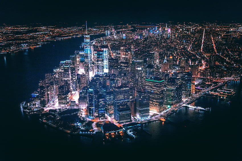 Paysage urbain, bâtiments, New York, vue aérienne, nuit Fond d'écran HD