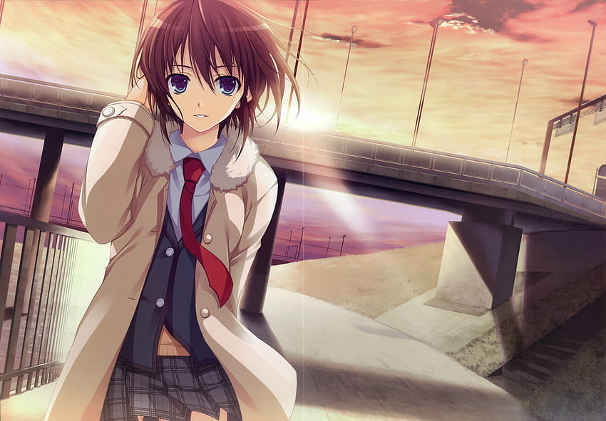 standing in front of the bridge, cute, girl, anime, tie HD wallpaper