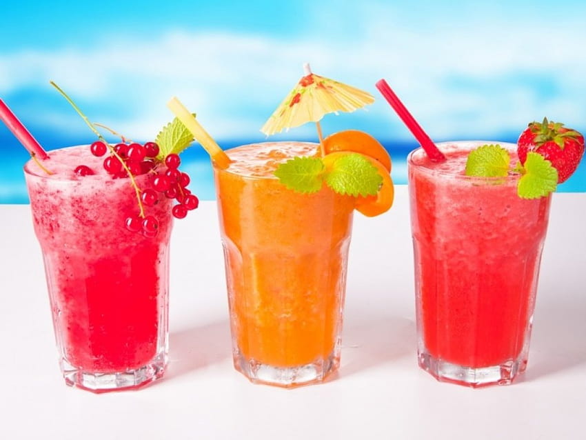 *Fruity Drinks*, rilassante, cocktail, ombrello, ombrelli, fragola, divertente, succo, succhi, tropicale, relax, freddo, spiaggia, fruttato, rinfrescante, buonissimo, frutta, bicchieri, lamponi, dolce, lampone, bevande, fresco, arancia liquido, estate, arance, ghiacciato, rosso, fresco, ghiaccio, bevanda Sfondo HD