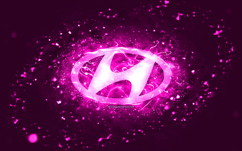 Hyundai purple logo, , purple neon lights, creative, purple abstract background, Hyundai logo, cars brands, Hyundai HD wallpaper