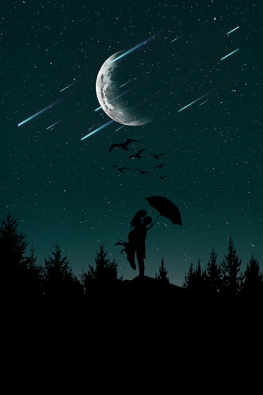 Drzewa, noc, księżyc, miłość, para, para, sylwetki, gwiaździste niebo, parasol Tapeta na telefon HD