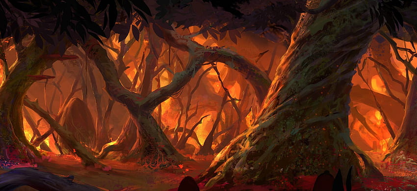 Płonący las Owen Kim. Rysunek lasu, las fantasy, ilustracja lasu Tapeta HD