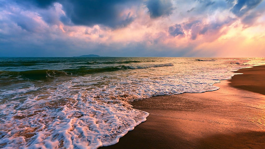 Beach: Awesome Beachscape Sunset Clouds Waves Sea Beach HD wallpaper