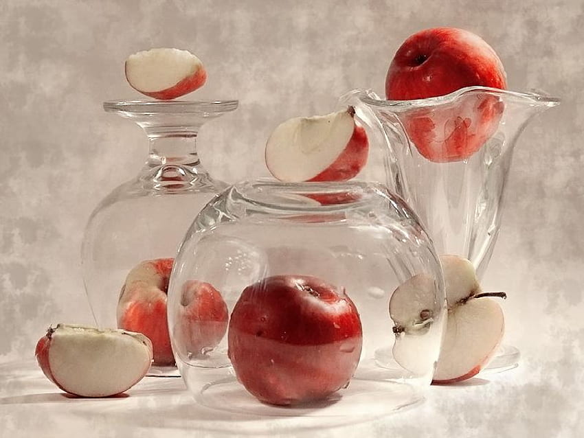 Ябълки, чаша, ваза, стъкло, чуплива, купа, червени ябълки HD тапет