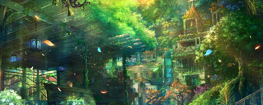 Magic world, Forest, Tree, Lamp, Bell, Sunshine, Green, Girl, Grass, Flowers, Birds HD wallpaper