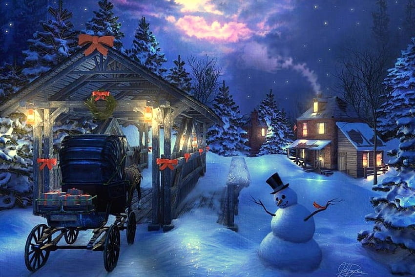 Snowman Crossing, inverno, feriados, ano novo, atrações nos sonhos, casas, boneco de neve, amor quatro estações, trenó, natal, neve, natal e ano novo, pontes papel de parede HD