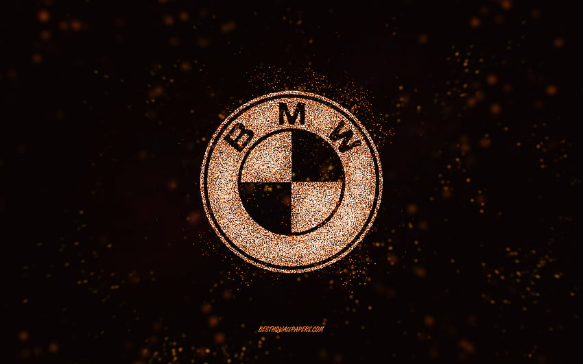 BMW glitter logo, , black background, BMW logo, orange glitter art, BMW, creative art, BMW orange glitter logo HD wallpaper