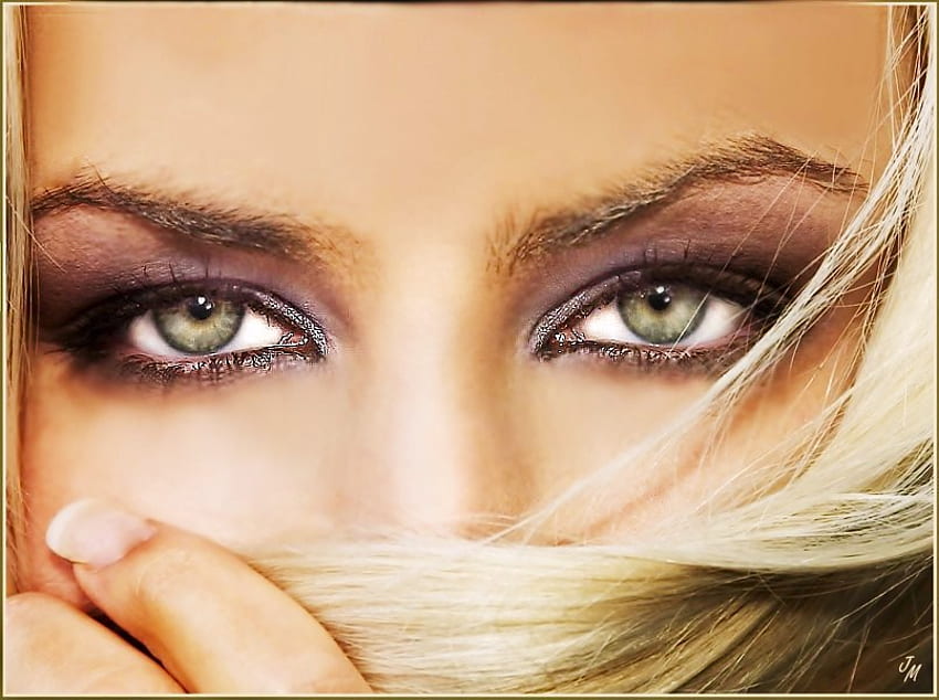 Emerald gaze, blond, green, eyes, gaze, woman HD wallpaper