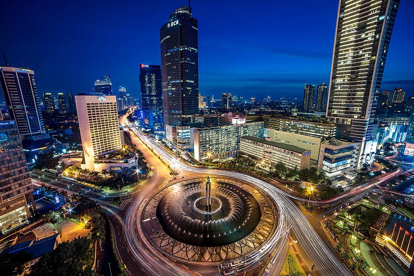 Фонтан Кръгови кръстовища Градски пейзаж на Джакарта - Резолюция:, Джакарта HD тапет